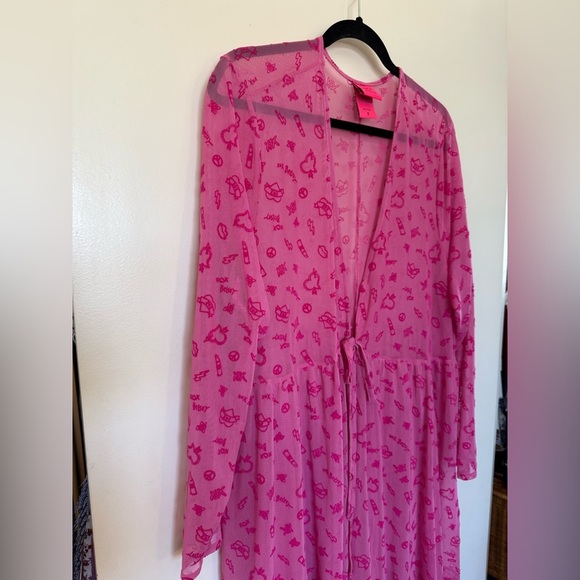 Betsy Jonson Torrid Collab Pink Mesh Long Sleeve Tie Front Print Kimono Size 2 - Picture 7 of 12